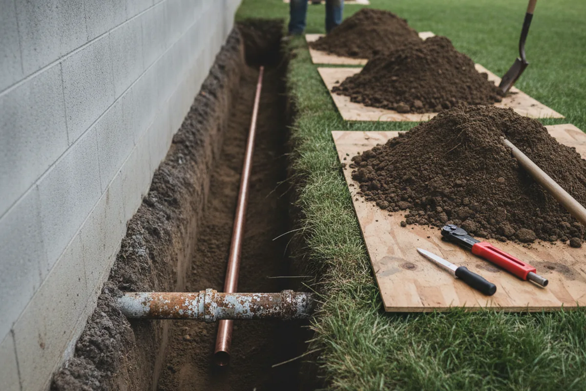 Excavated water line trench during Water Softener Installation in Corbin
